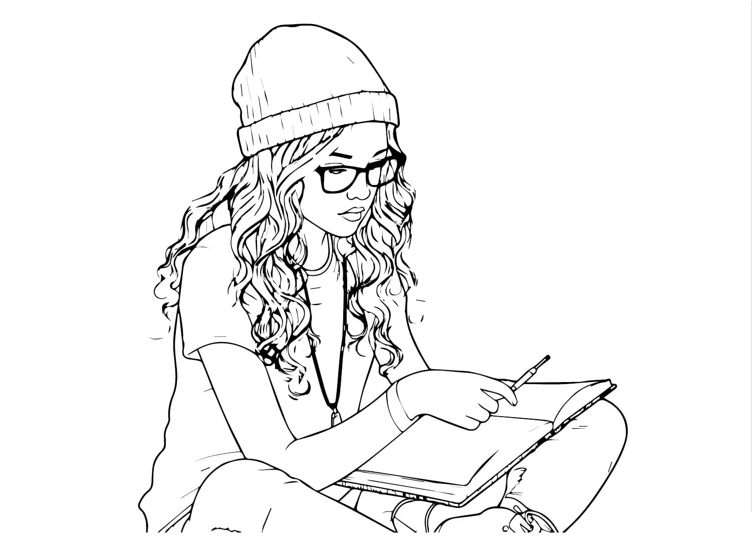 Teen girl drawing in a sketchbook coloring page