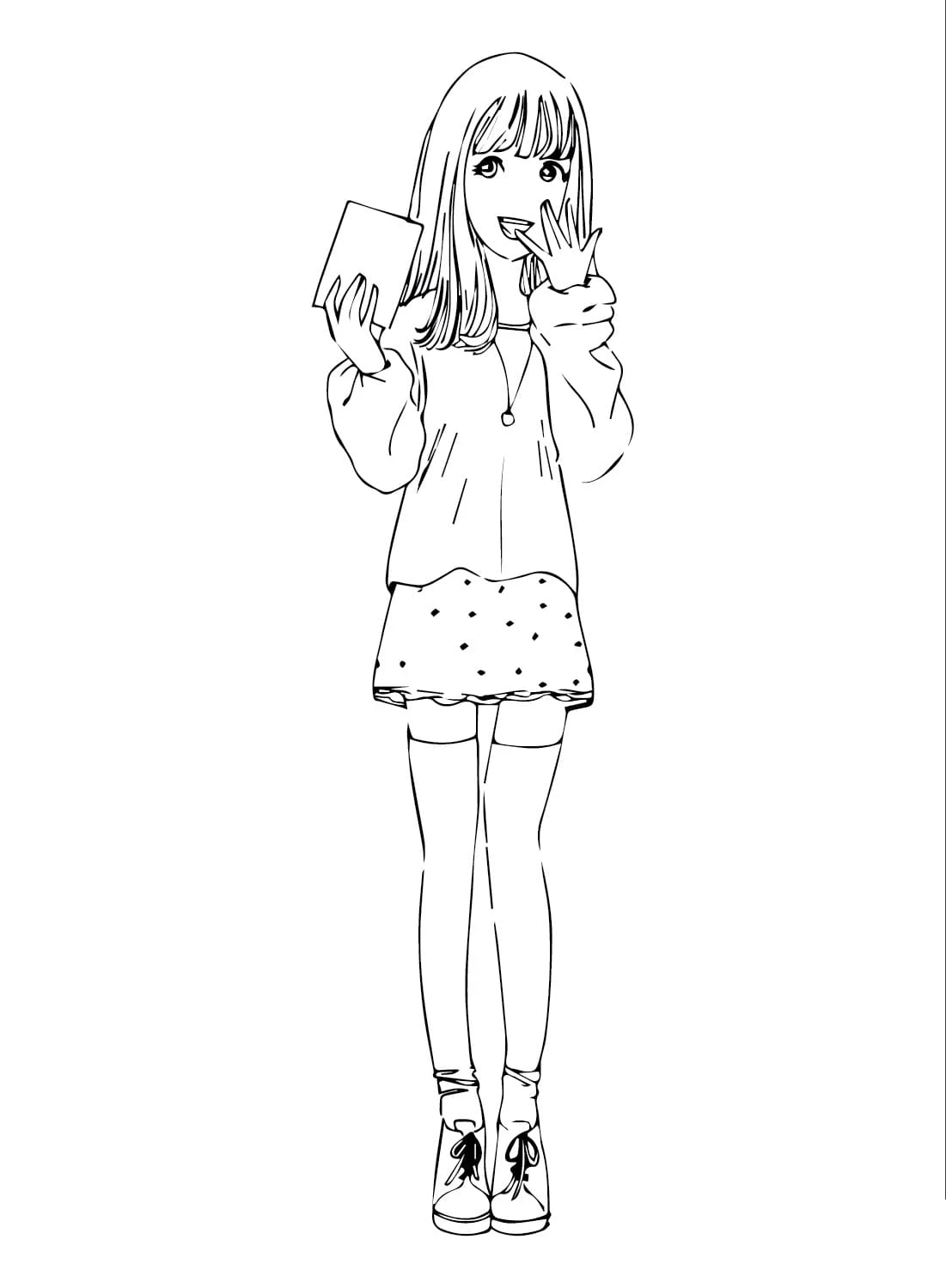 Teen girl holding a book with a surprised look coloring page
