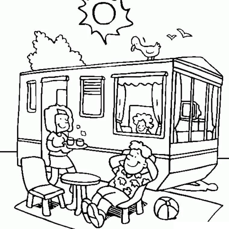 Family relaxing outside their camping trailer coloring page