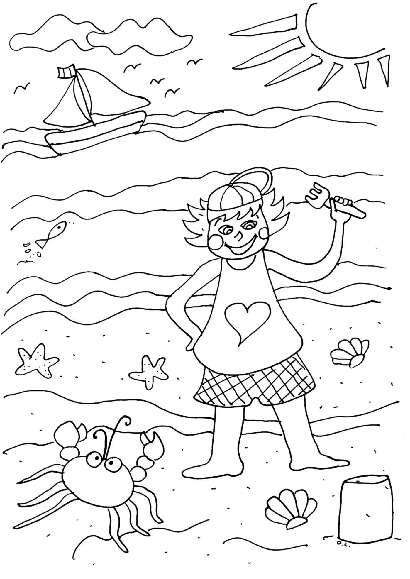 Child playing on the beach with a crab coloring page