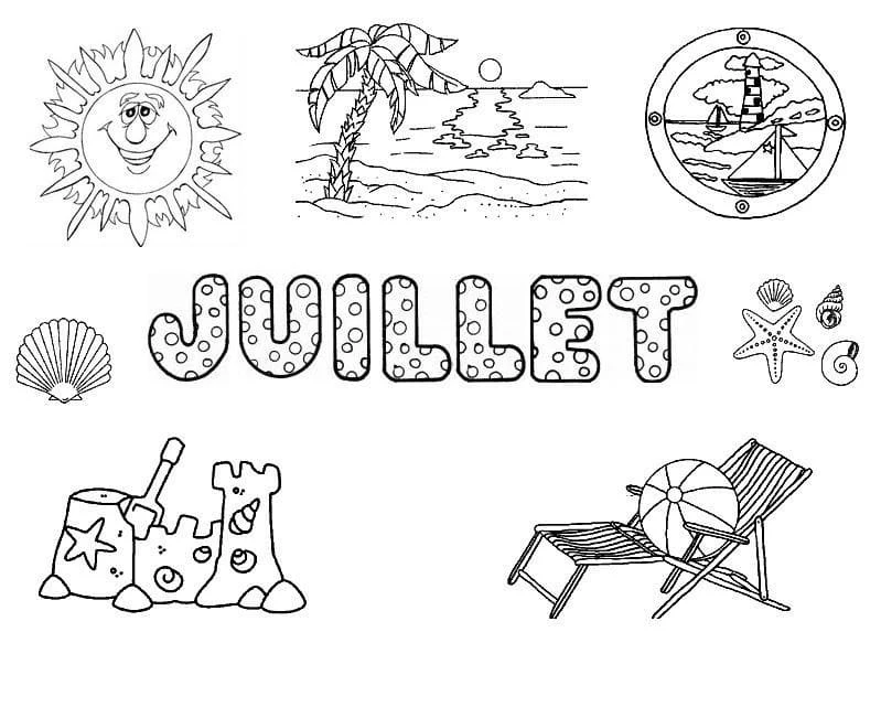 Beach vacation collage with sun and seashells coloring page