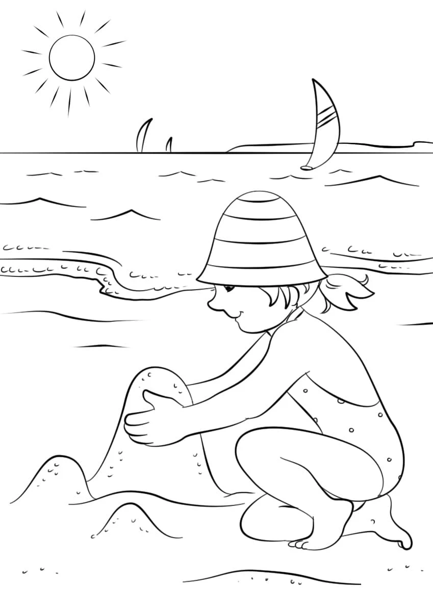 Child building a sandcastle at the beach coloring page