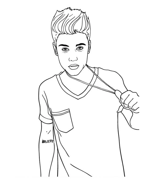 Justin Bieber holding a necklace coloring page