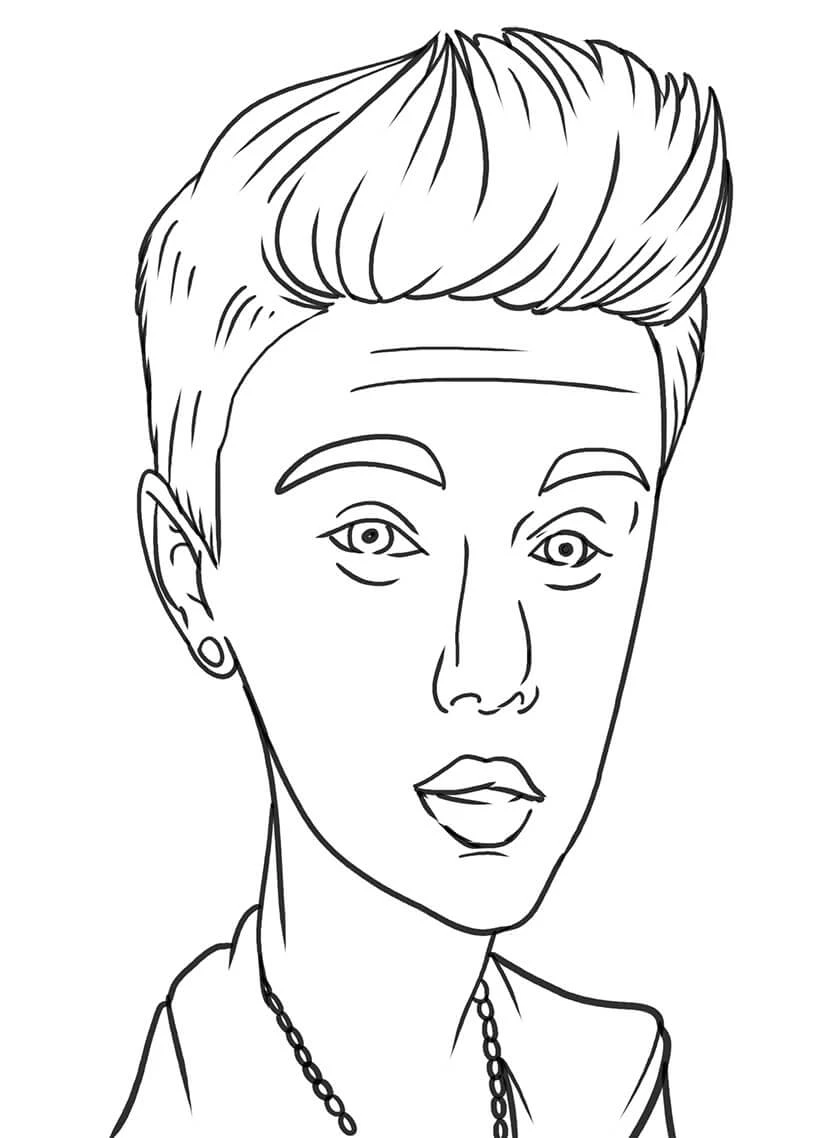 Justin Bieber portrait with quiff hairstyle coloring page