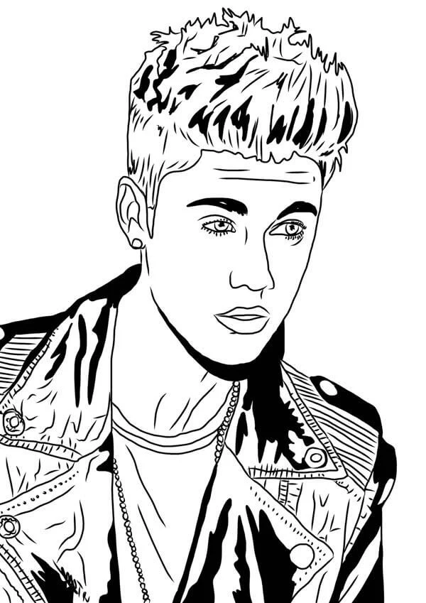 Justin Bieber portrait with leather jacket coloring page Justin Bieber portrait with leather jacket coloring page