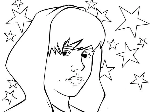 Justin Bieber portrait with a hood and stars coloring page