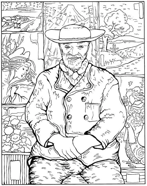 Vincent van Gogh portrait with hat and jacket coloring page