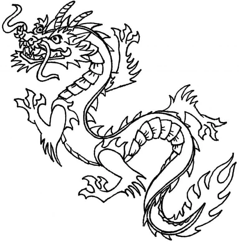 Chinese dragon coiling with flaming tail coloring page