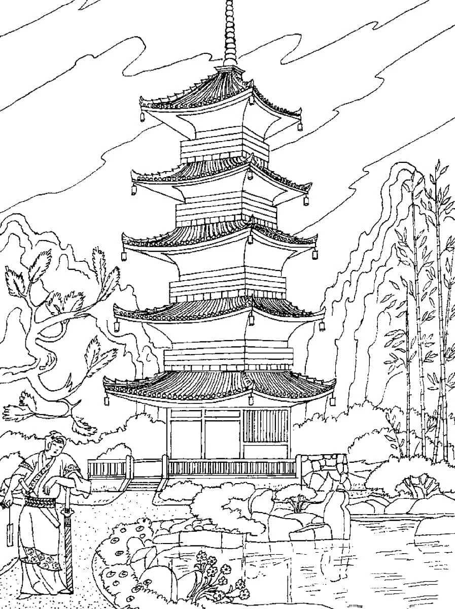 Japanese pagoda by the water coloring page