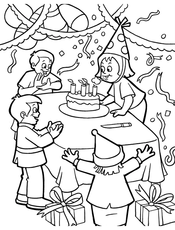 Birthday party with cake and friends coloring page