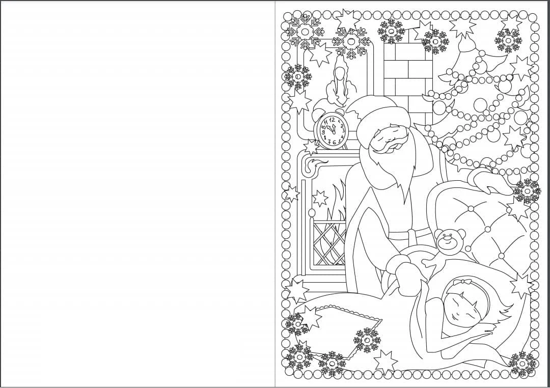 Santa Claus visiting a sleeping child on Christmas card coloring page