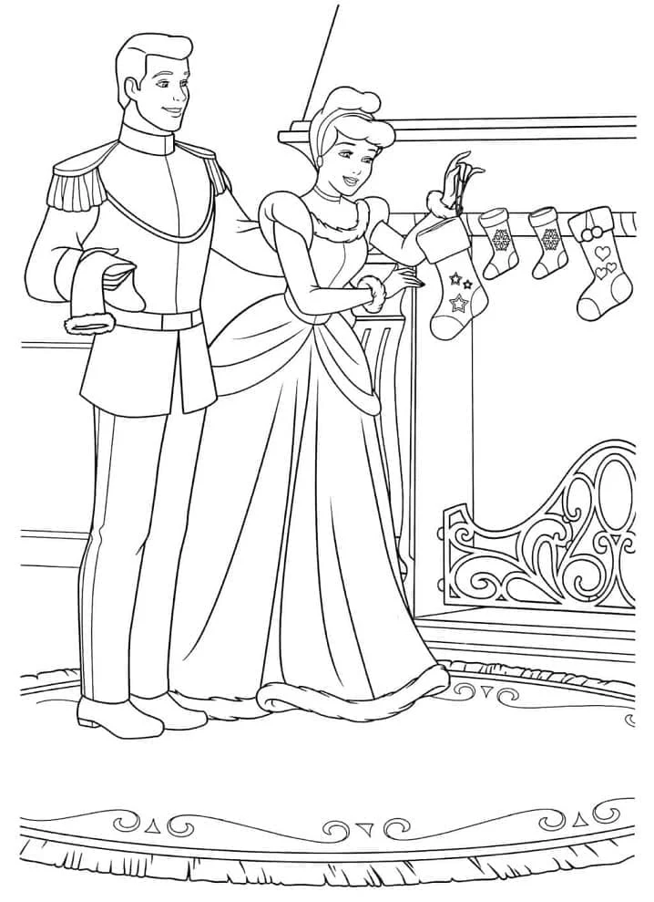Cinderella and Prince Charming hanging Christmas stockings coloring page