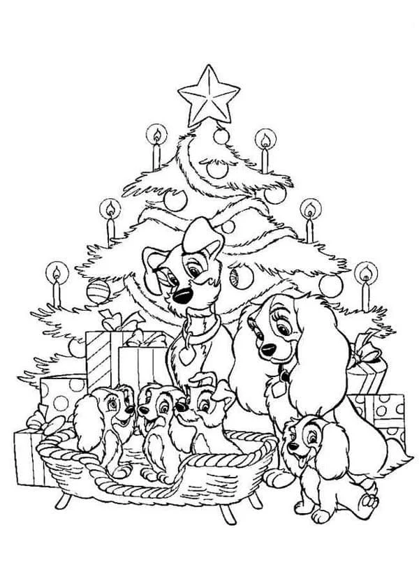 Lady and Tramp beside Christmas tree and gifts coloring page Lady and Tramp beside Christmas tree and gifts coloring page