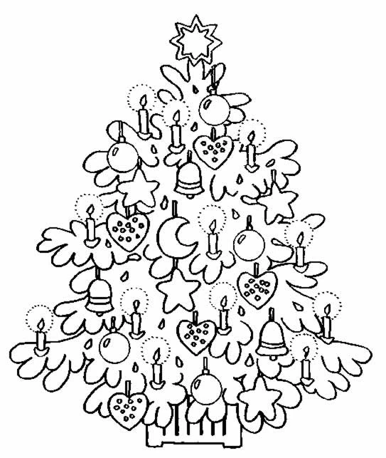 Christmas Tree decorated with ornaments and candles coloring page