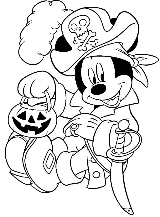 Mickey Mouse pirate holding a pumpkin basket coloring page