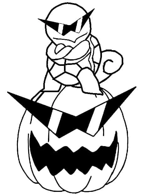 Squirtle sitting on a jack-o'-lantern coloring page