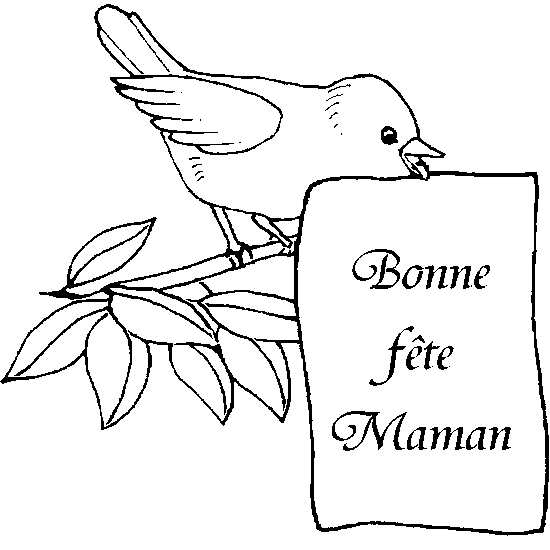 Bird holding a Bonne fête Maman sign on a branch coloring page