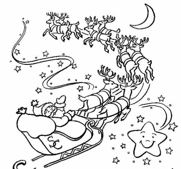 Santa Claus flying in his sleigh among the stars coloring page