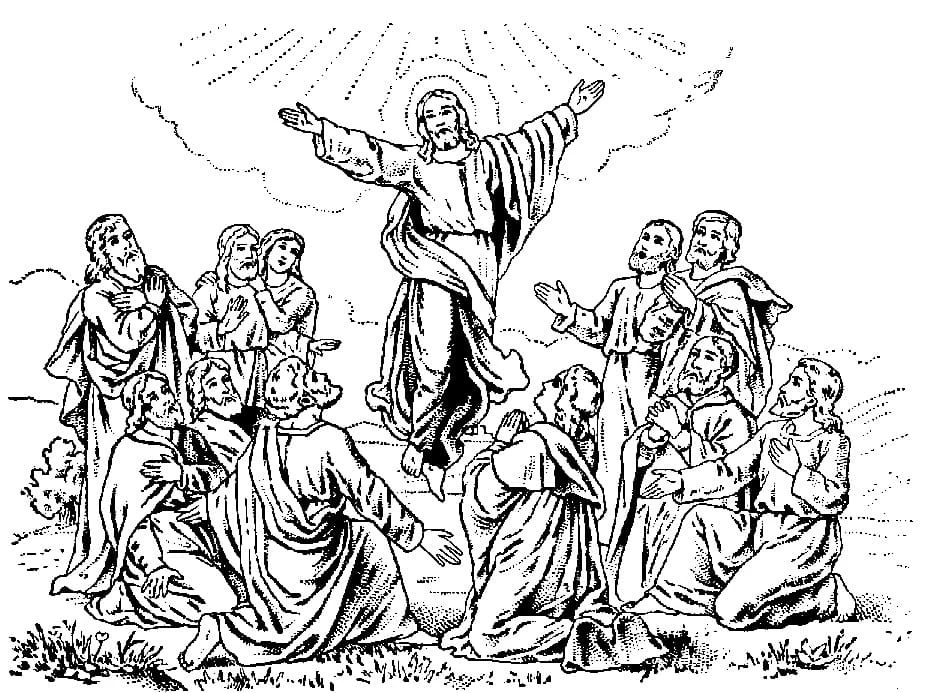 The Ascension of Jesus surrounded by apostles coloring page