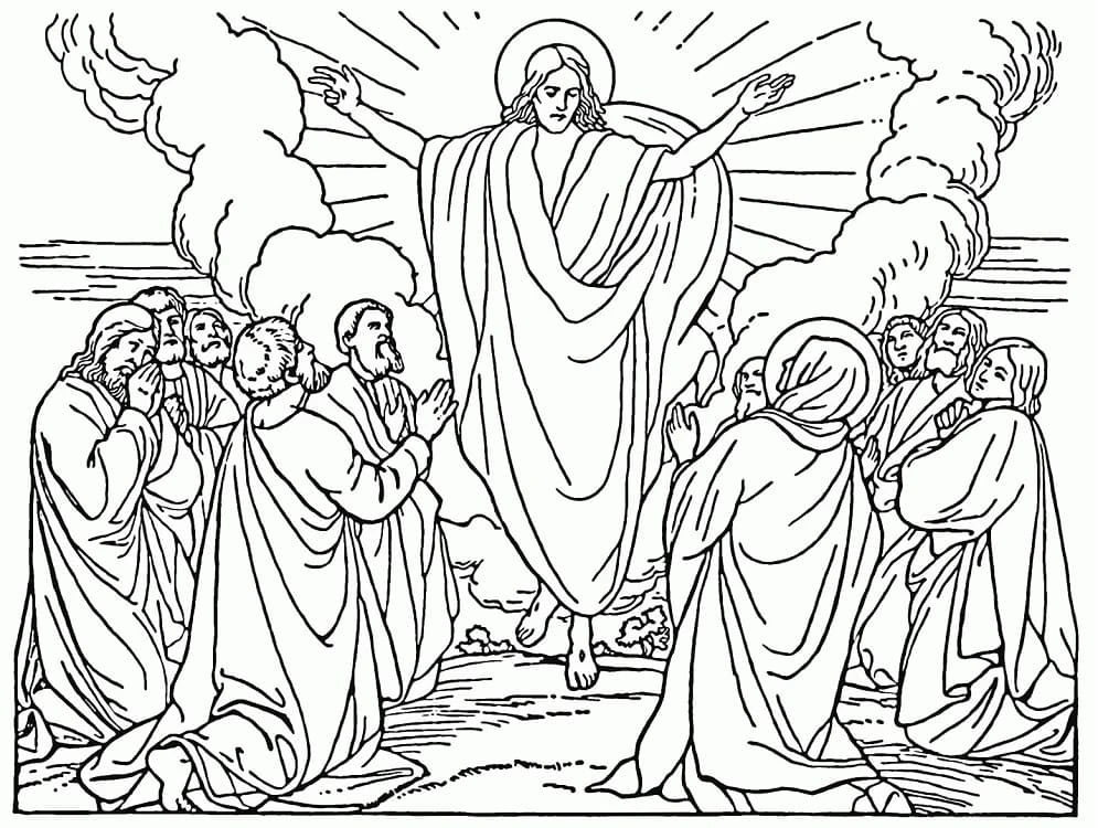 The Ascension of Jesus rising above the apostles coloring page