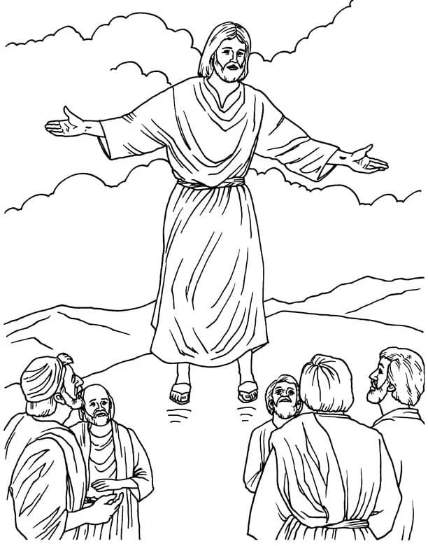 The Ascension of Jesus above the disciples coloring page