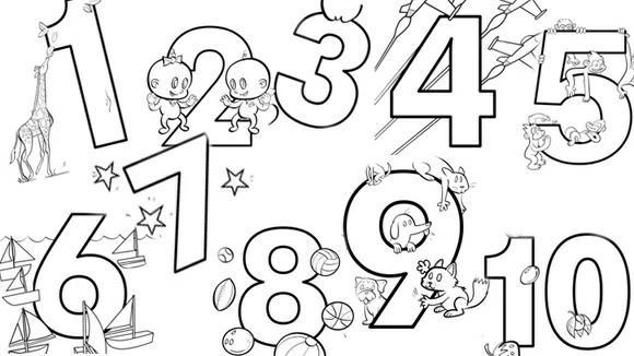 Numbers 1 to 10 with animals and kids coloring page