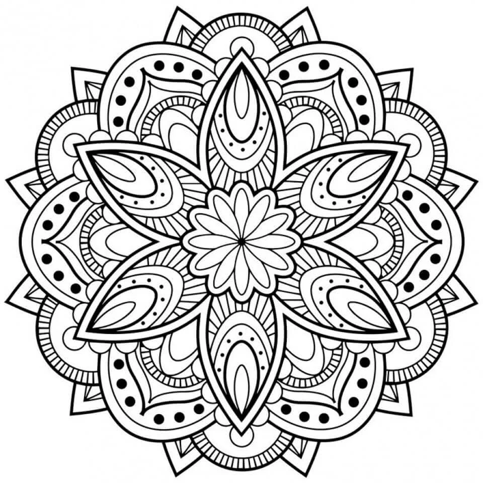 Mandala with six-petaled flower center coloring page