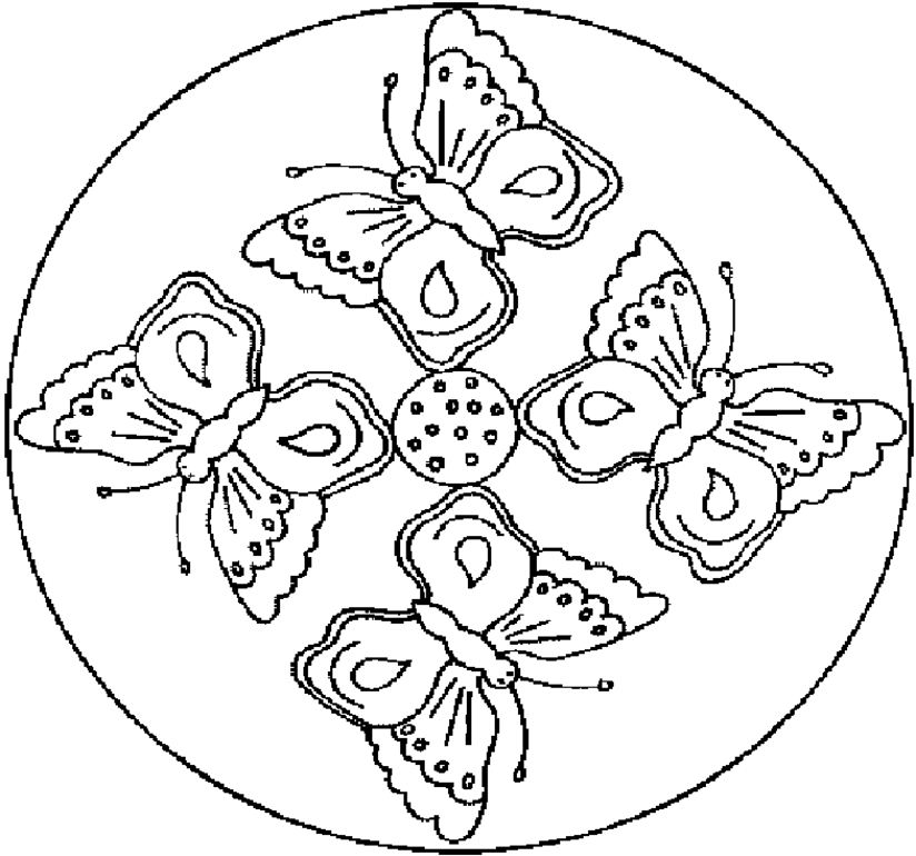 Mandala with four butterflies in a circle coloring page