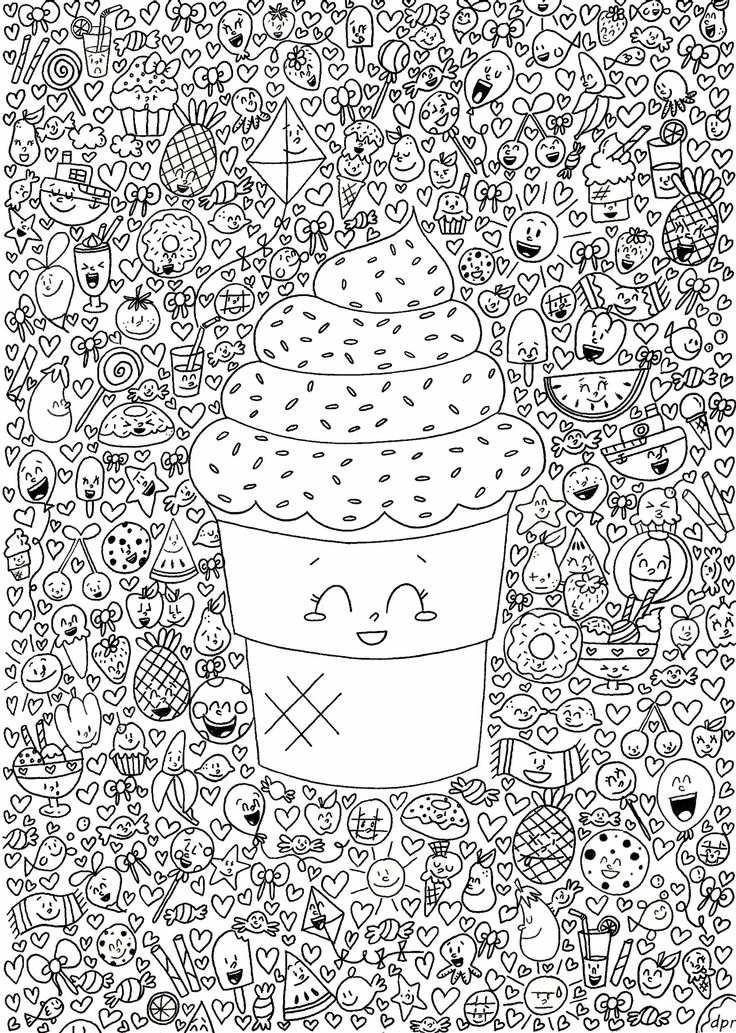 Kawaii cupcake surrounded by sweets and hearts coloring page