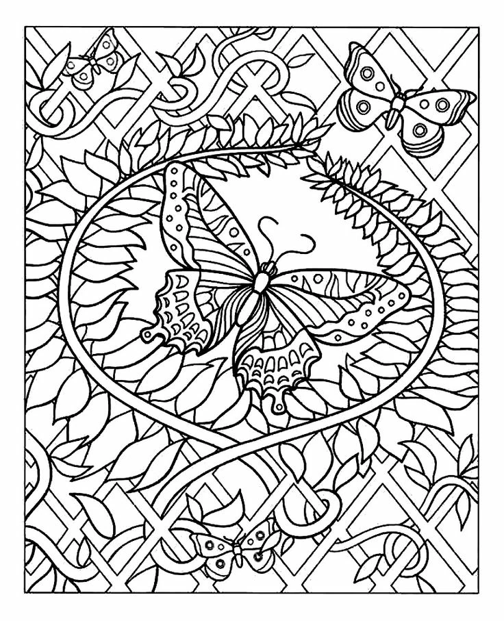 Large butterfly framed by leaves and lattice coloring page