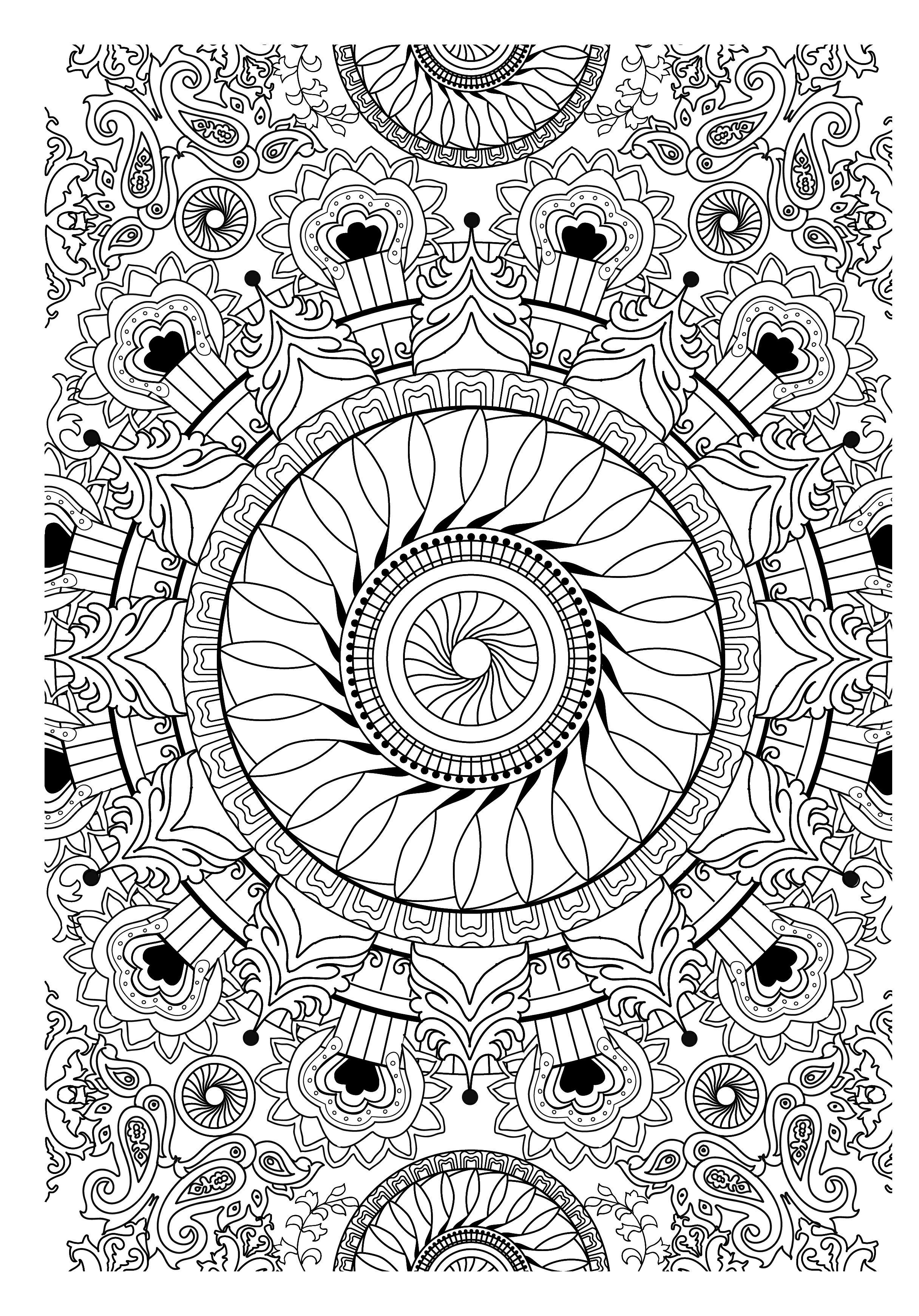 Mandala with spiral center and flower motifs coloring page