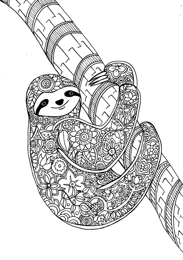 Sloth hanging from a branch with mandala patterns coloring page