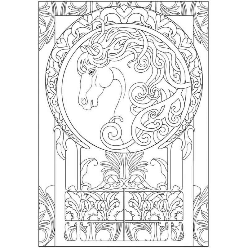 Horse head in an Art Nouveau medallion coloring page