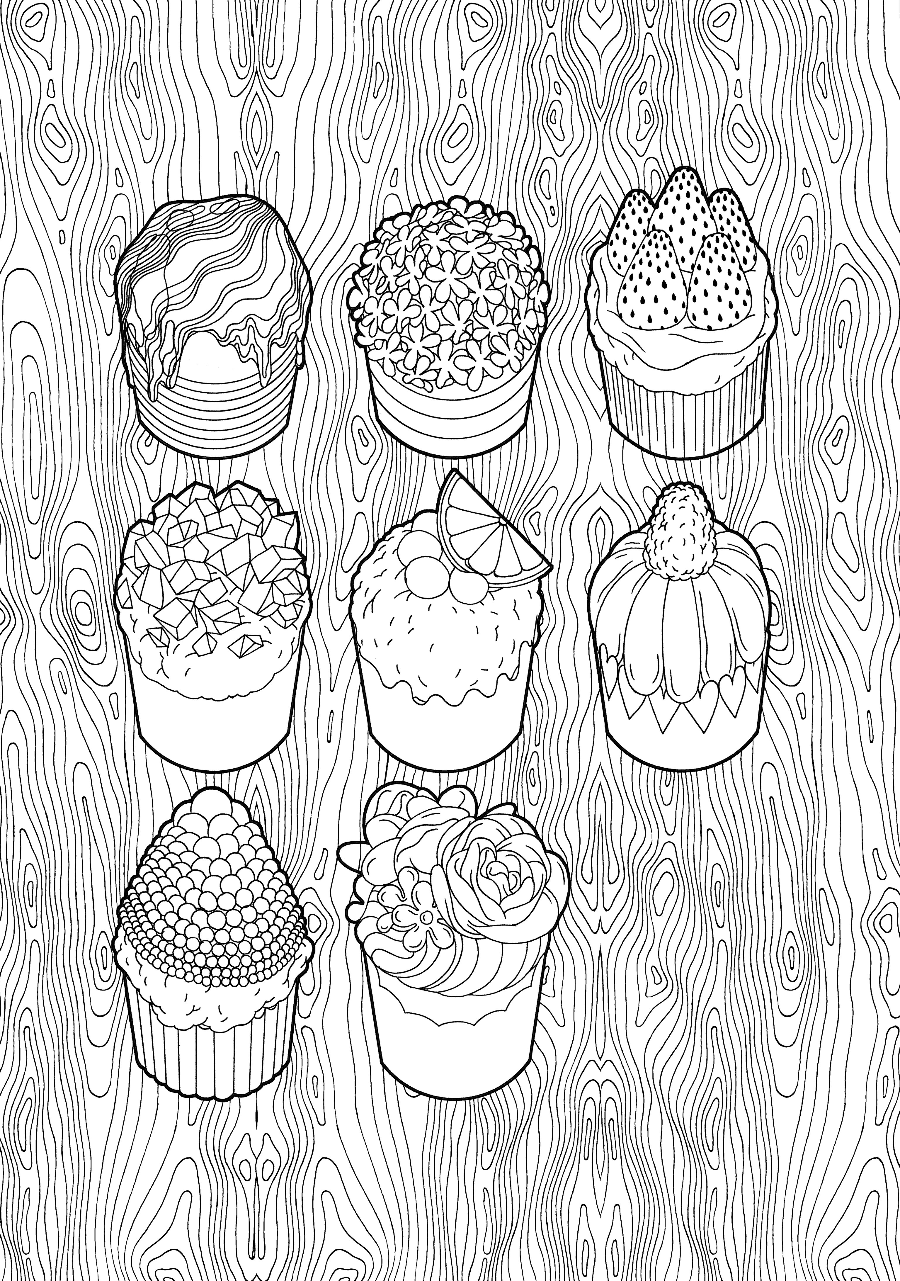 Eight decorated cupcakes on wood pattern coloring page