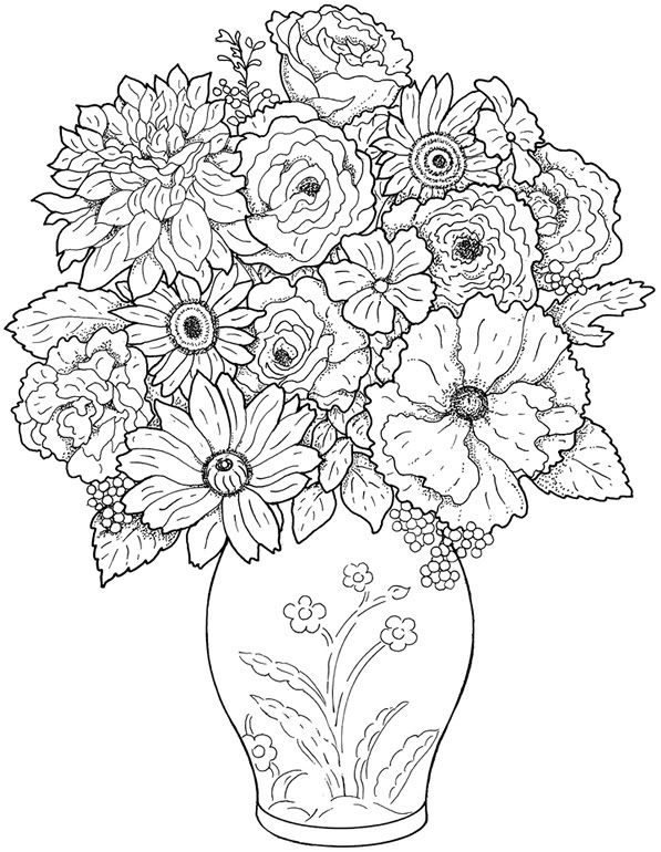 Bouquet of flowers in a decorated vase coloring page
