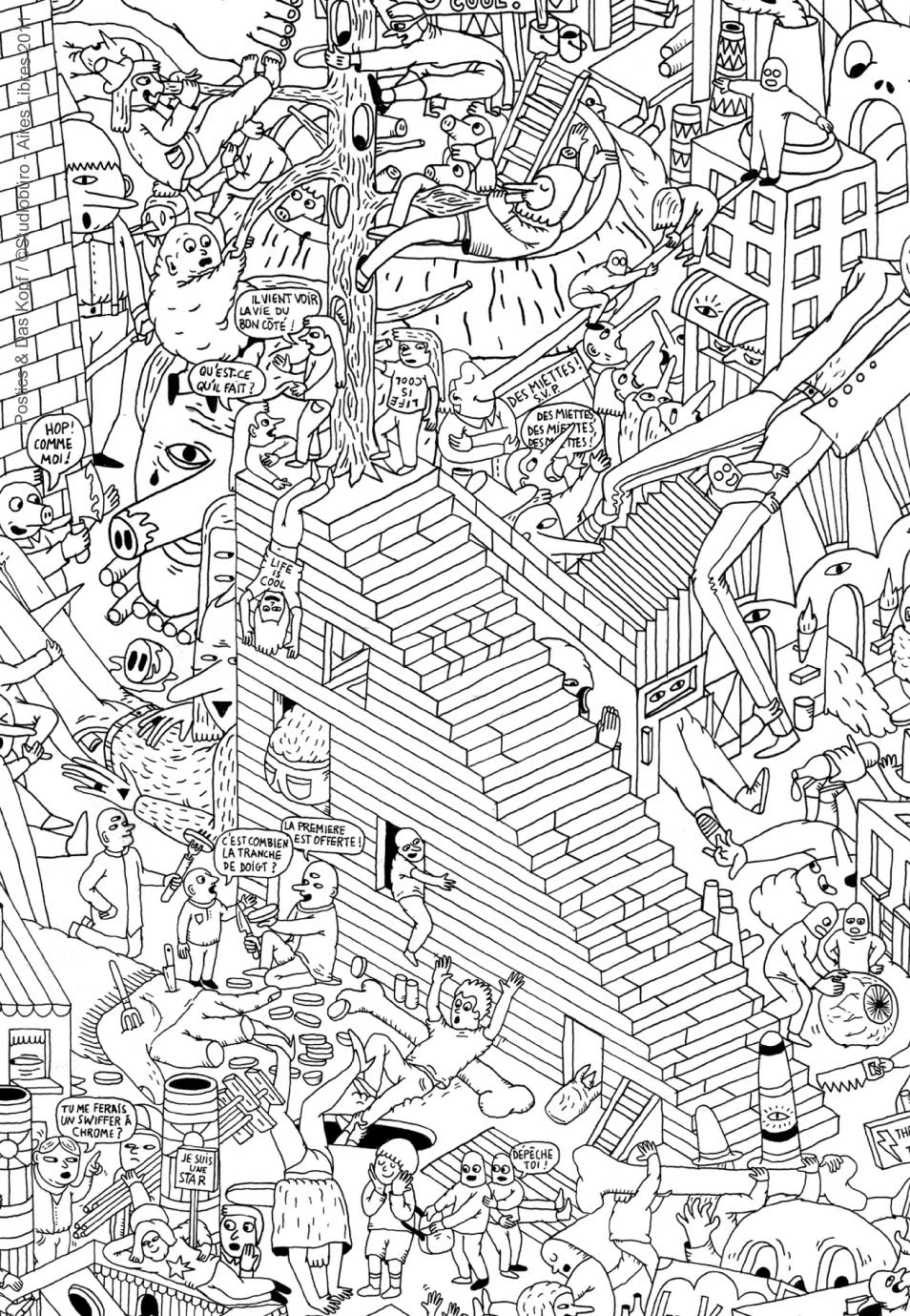 Surreal crowd scene with staircase and monsters coloring page