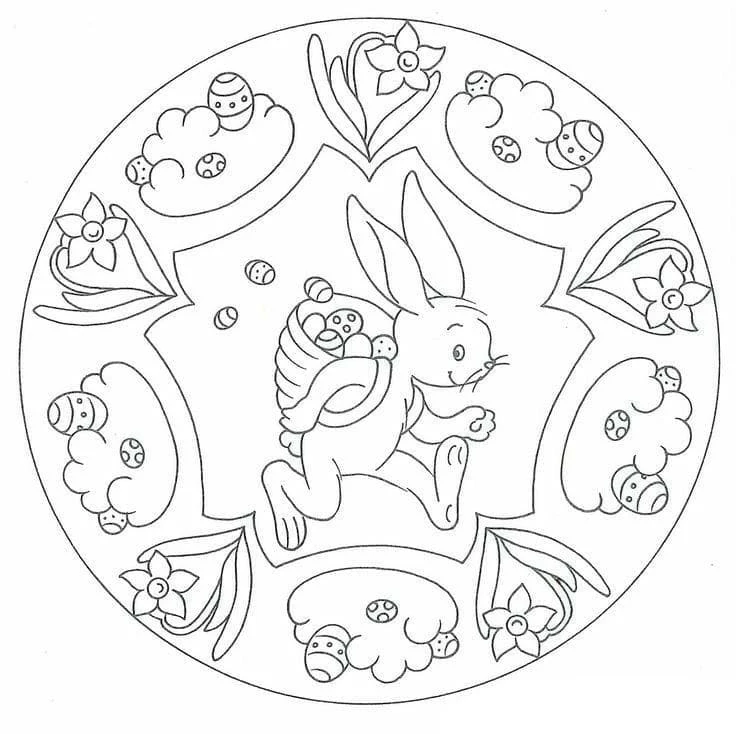 Easter bunny mandala carrying a basket of eggs coloring page