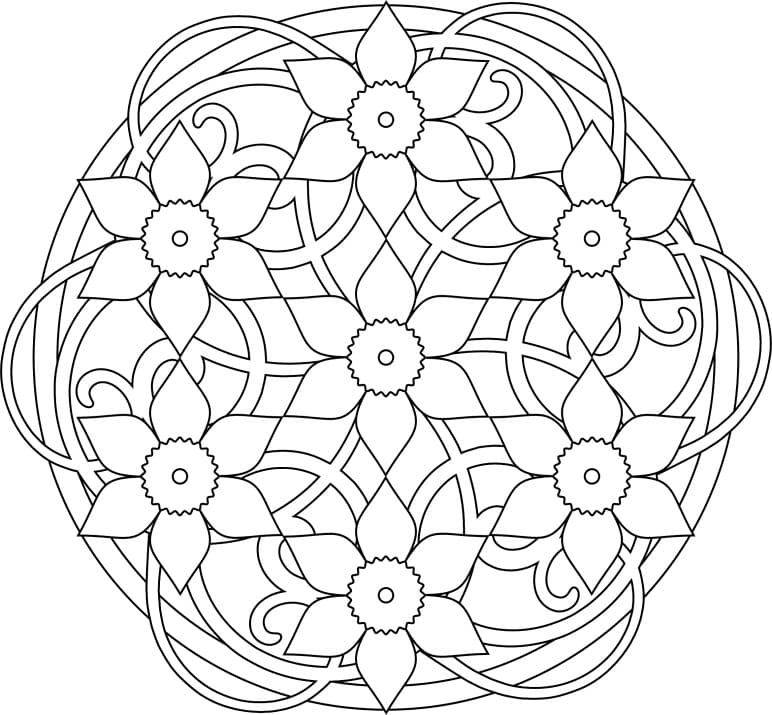 Spring mandala with seven flowers coloring page