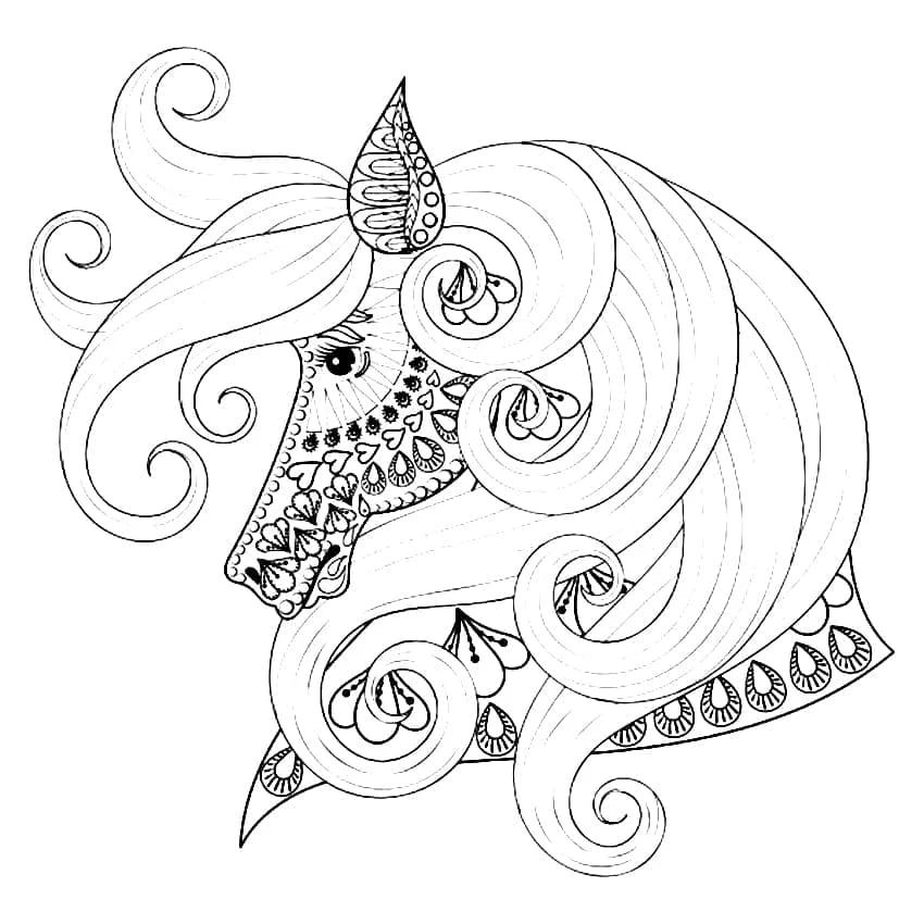 Unicorn head with swirling mane mandala coloring page