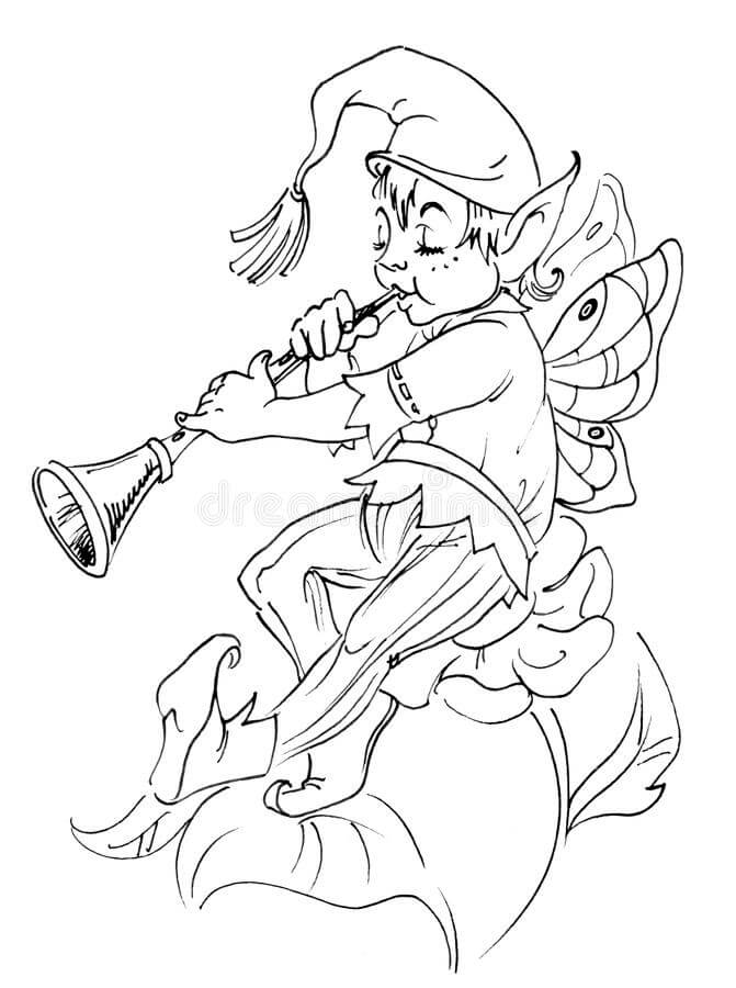 Elf playing the flute on a cloud coloring page