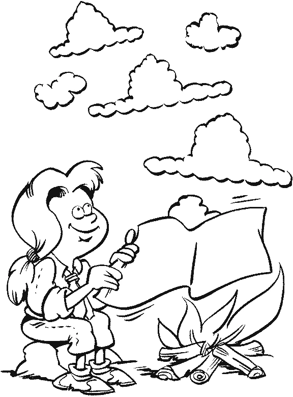 Scout girl reading a message by the campfire coloring page