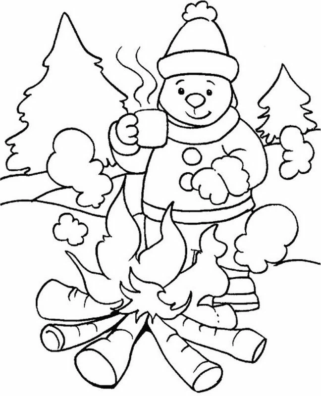 Bear warming up by a winter campfire coloring page