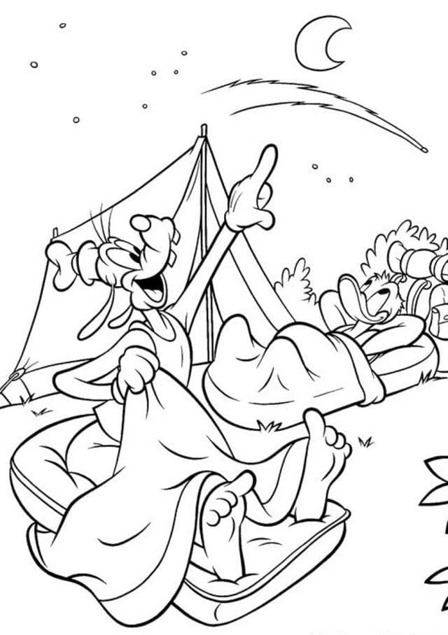 Goofy camping at night with friends coloring page