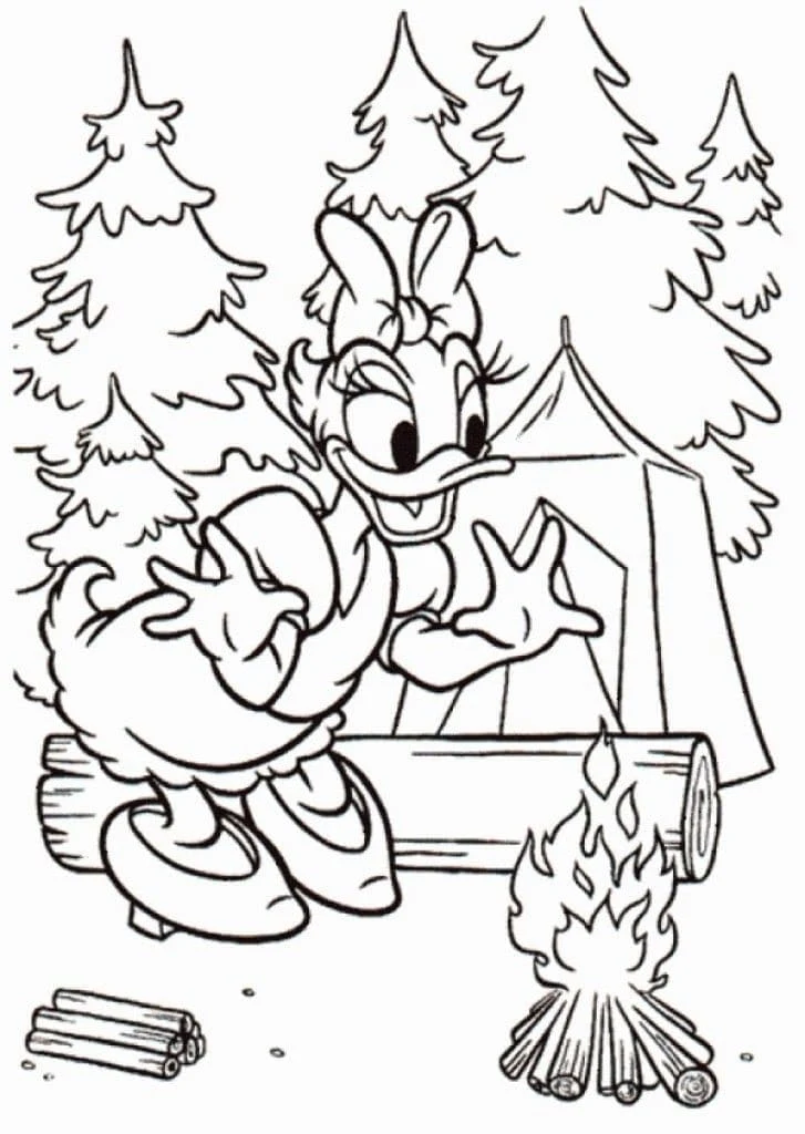 Daisy Duck warming up by the campfire coloring page