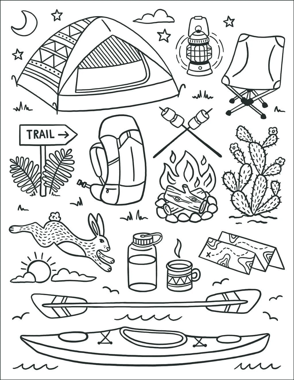 Camping essentials collection coloring page