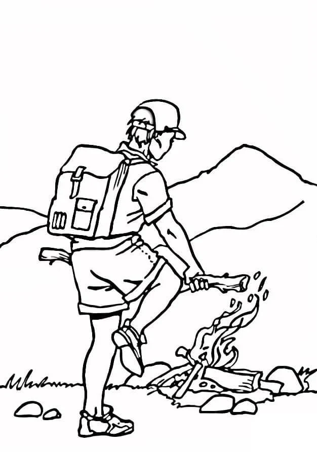 Camping - lighting a campfire coloring page