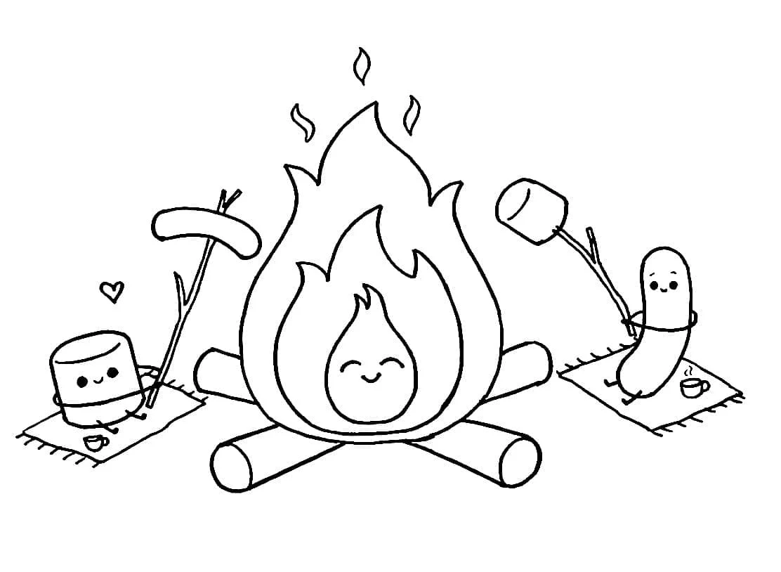 Cute campfire with marshmallow and sausage friends coloring page
