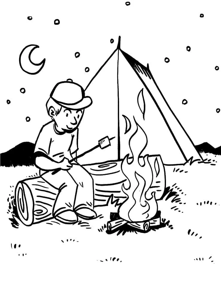 Boy roasting marshmallow by campfire coloring page Boy roasting marshmallow by campfire coloring page