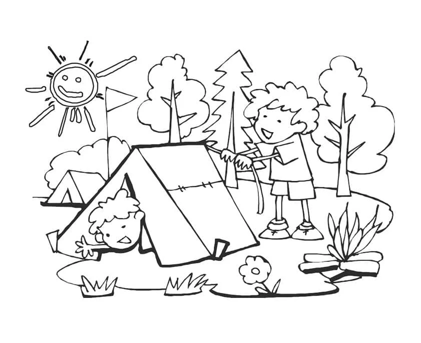 Boys camping in the forest coloring page