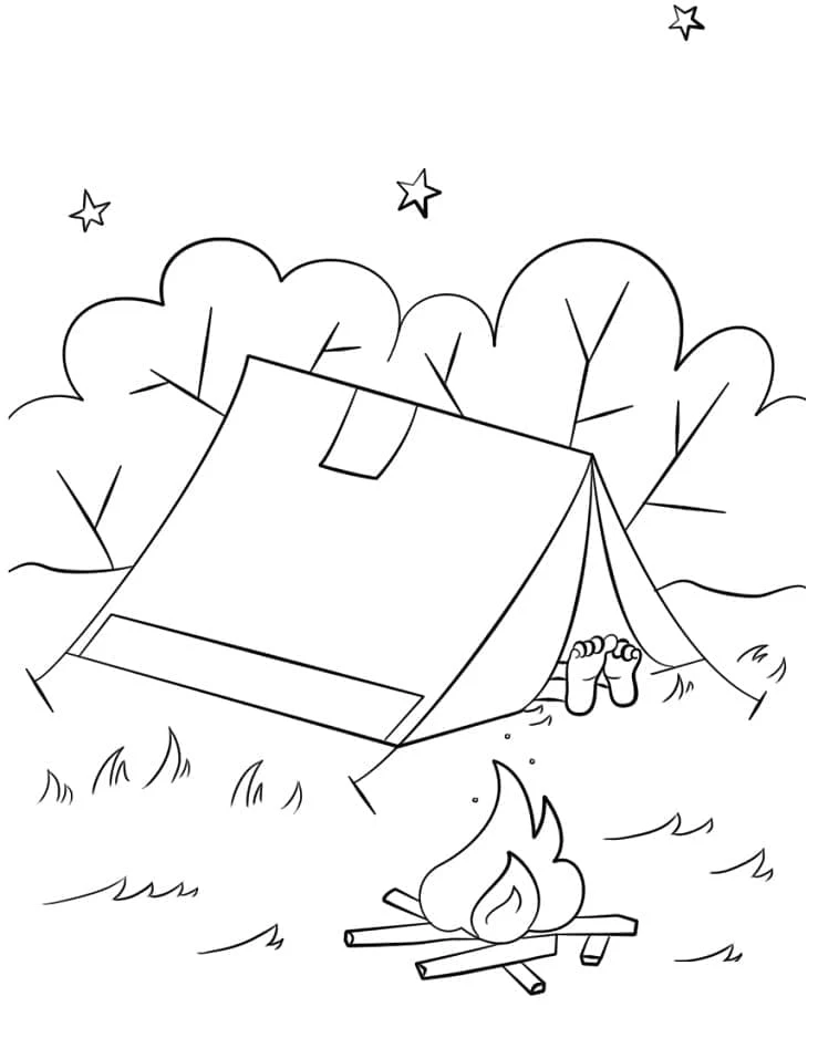 Tent with feet sticking out by the campfire coloring page